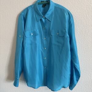 Lauren Ralph Lauren Shirt Womens 12 Turquoise Silk Button Up Convertible Sleeve